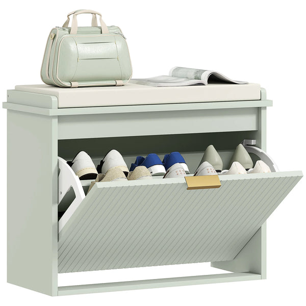 Shoe Storage Bench with Cushioned Seat and Flip Drawer, 62 x 26 x 47.5 cm, Green