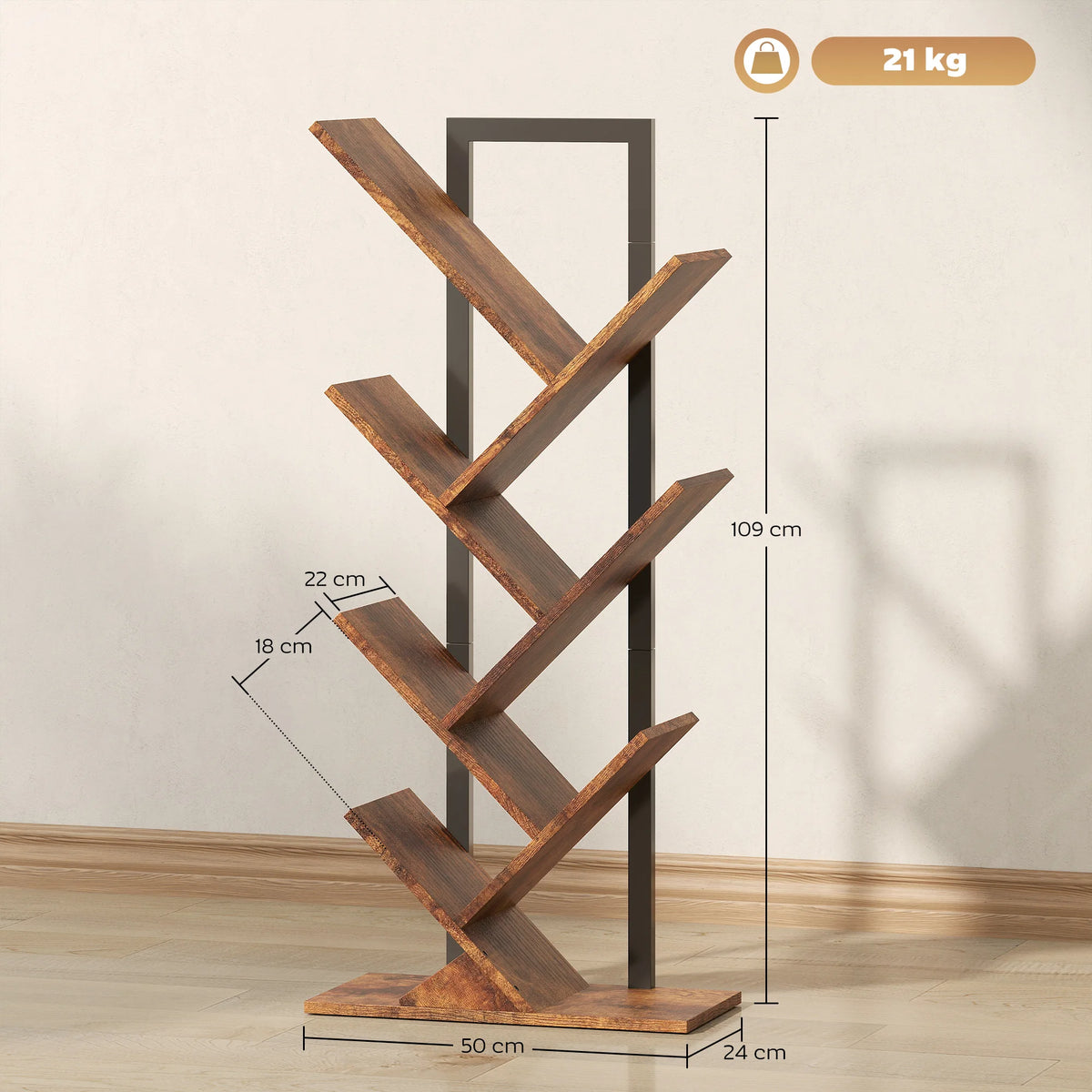 7-Tier Tree Bookshelf with Steel Frame for Living Room, Rustic Brown