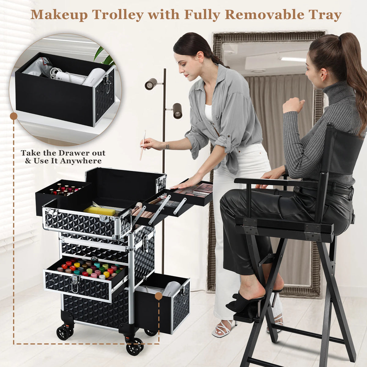 Cosmetology Case on Wheels with Large Trays and Drawers 36-55L PVC Rolling Salon Cart for Barbers and Manicure