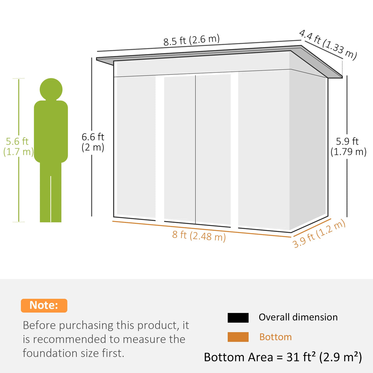 8.5 x 4.4ft Metal Garden Shed with Sliding Lockable Doors and Vents, Green