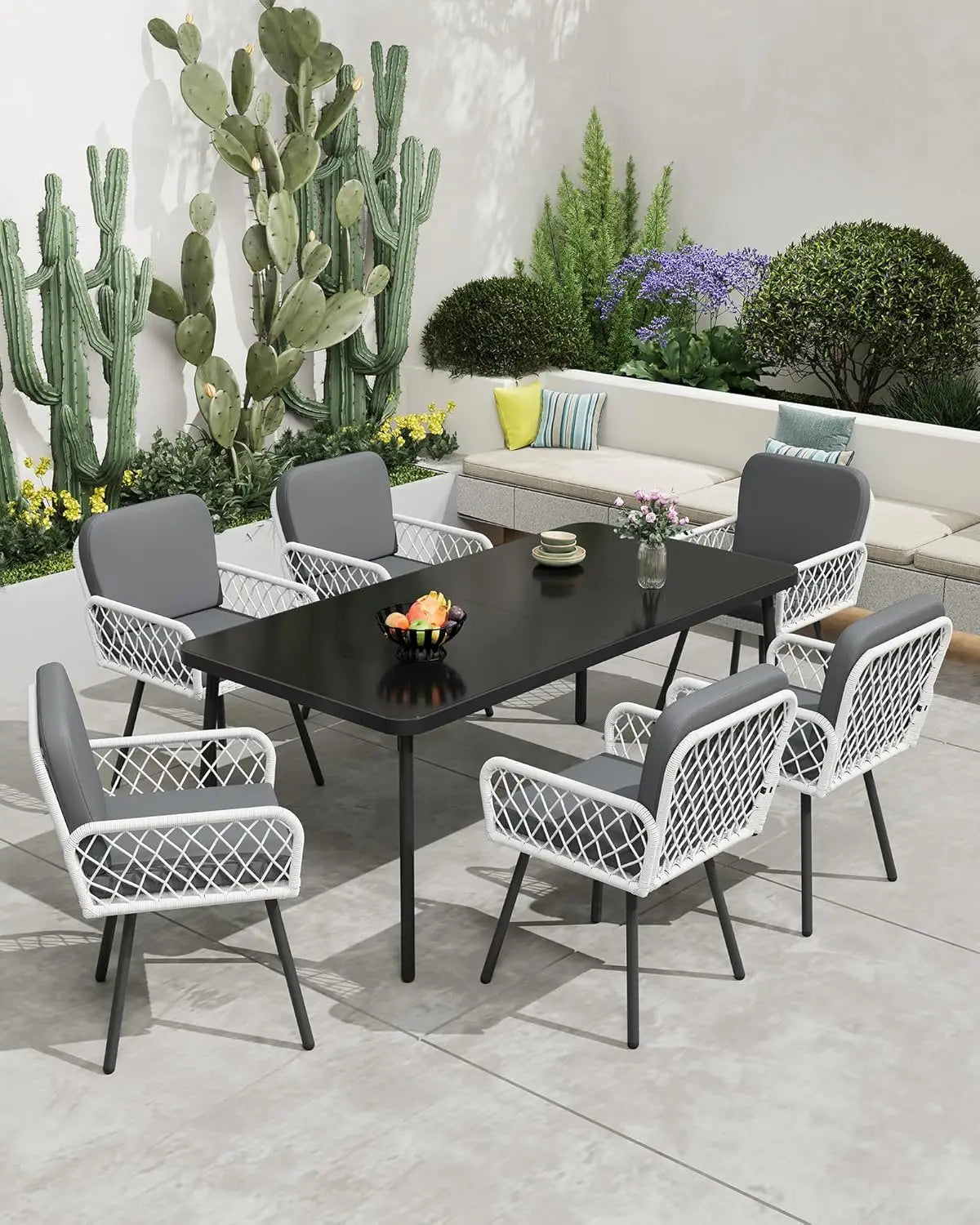 Set of 4 Modern Farmhouse Outdoor Dining Chairs PE Rattan with Cushions 350lbs Capacity for Garden Patio Balcony