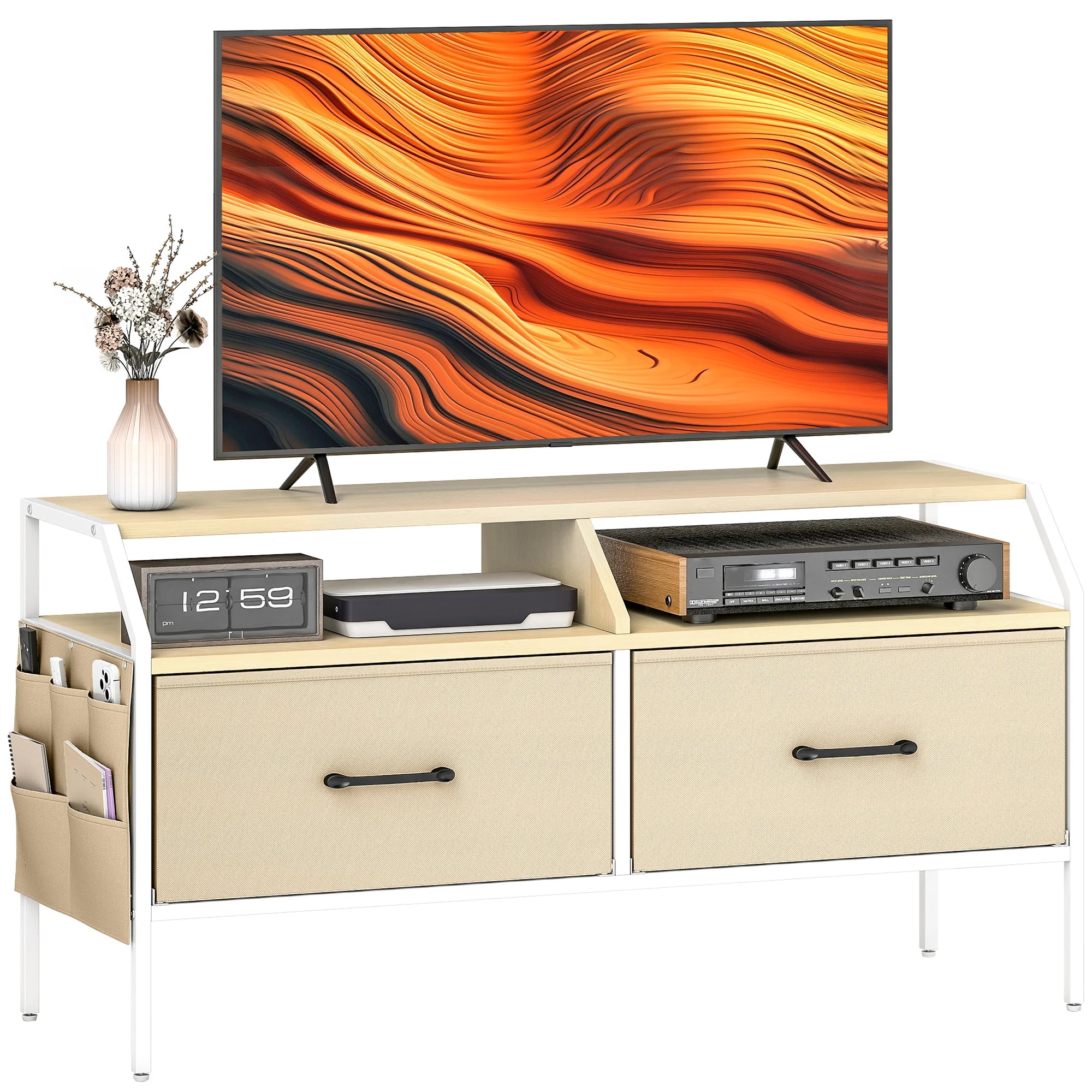 55 Inch TV Stand Cabinet with 2 Foldable Fabric Drawers, Side Pockets and Industrial Style Design