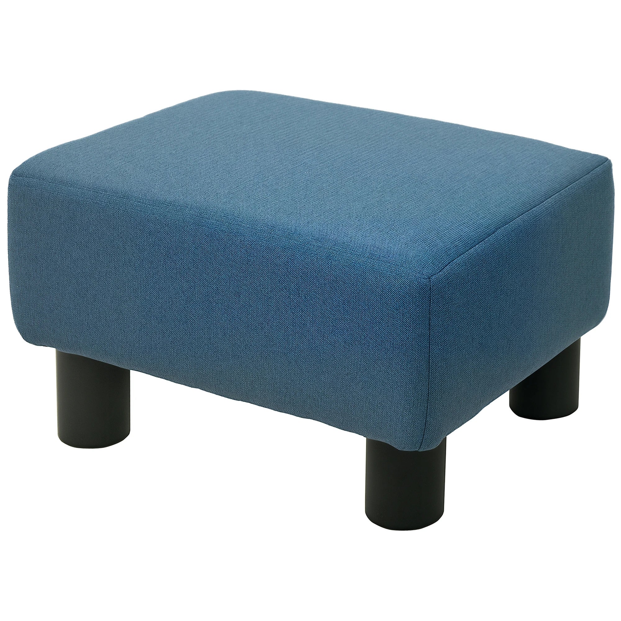 Blue Linen Cube Footstool Ottoman with Plastic Legs | Compact Foam Padded Foot Rest for Living Room