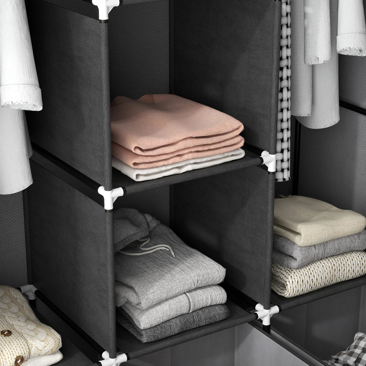 Portable Wardrobe with 5 Shelves, 3 Fabric Drawers and 2 Hanging Rails