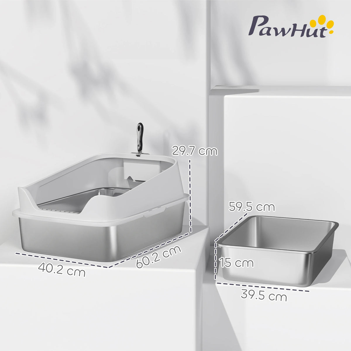 XL Stainless Steel Cat Litter Box with High Sides and Scoop, 60 x 40 x 30cm