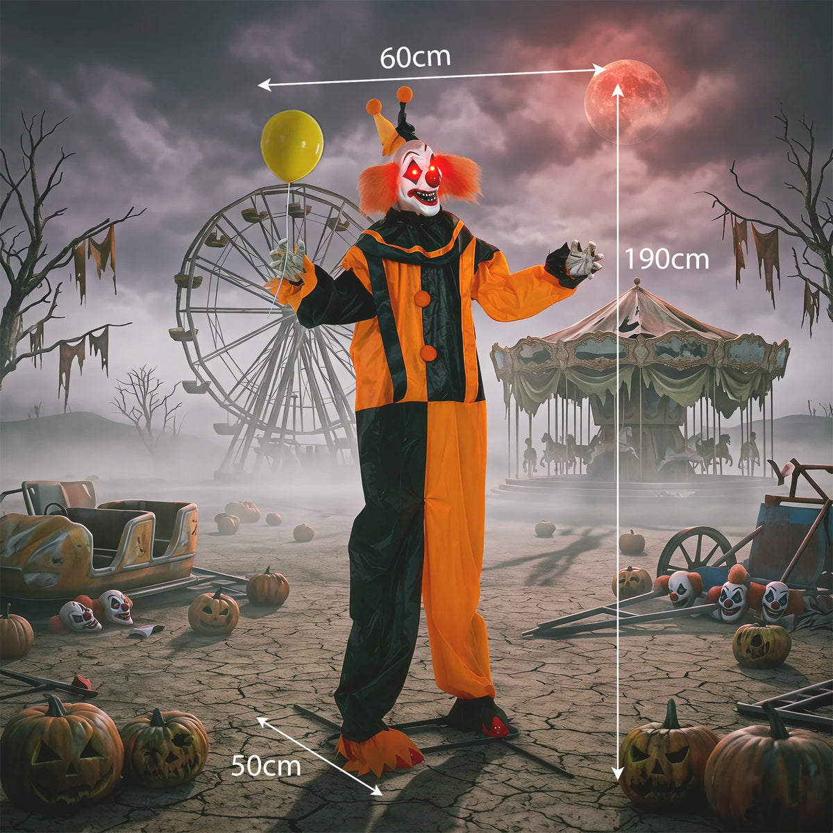 Life Size Animated Clown Halloween Prop 190cm – Swaying Head & Circus Music