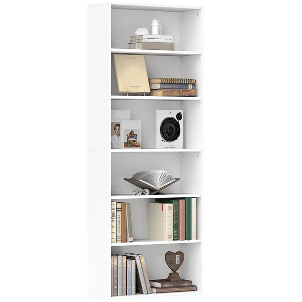6 Tier Bookshelf, Freestanding Bookcase with Adjustable Shelves, White