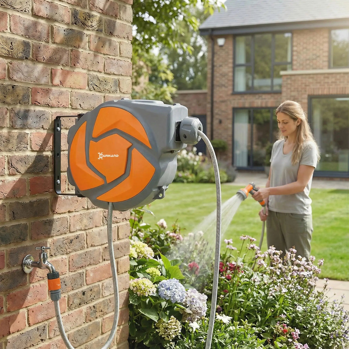 Compact 10m Retractable Hose Reel with Auto Rewind, Lock and Spray Gun, Grey and Orange