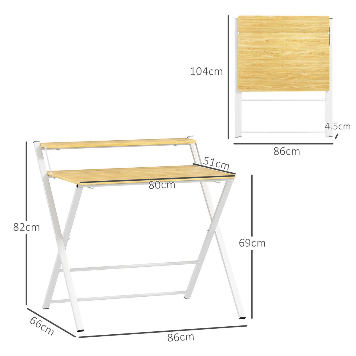 Folding Desk with 2-Tier Shelf for Home Office, Maple Wood-effect