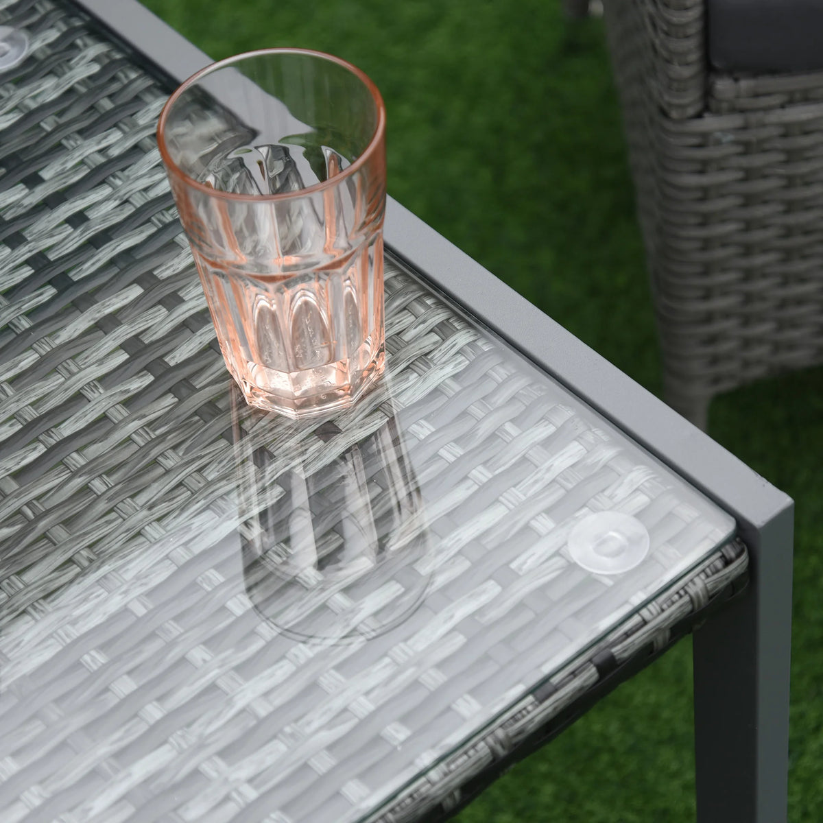 Rattan Side Table 50cm PE Wicker Garden End Table with Tempered Glass Top Aluminium Frame Adjustable Feet Grey