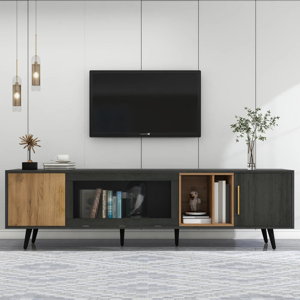 200cm Dark Wood TV Stand with Frosted Glass Doors and Cable Management | Fits up to 90 Inch TV