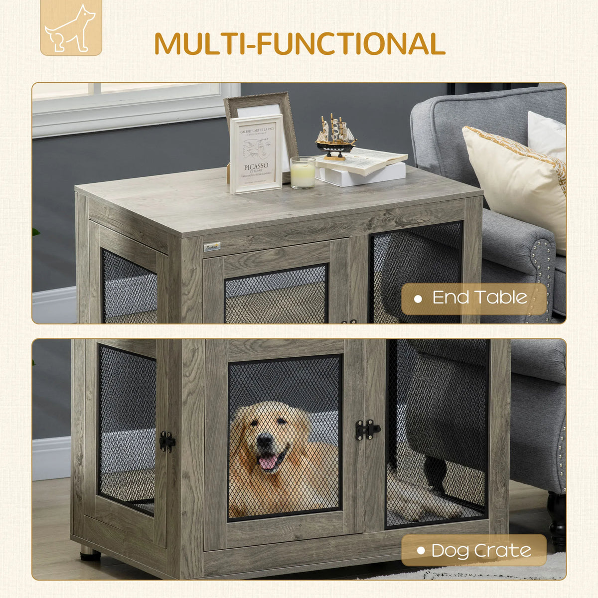 Pet Crate End Table with Washable Cushion for Dogs up to 30kg