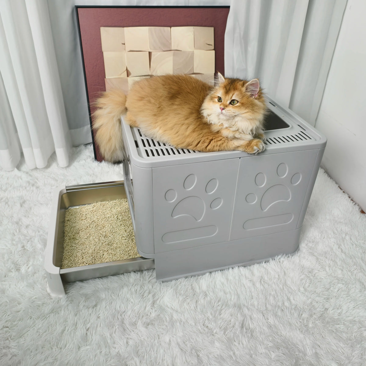 Large Stainless Steel Cat Litter Box 38.3x48.5x38.5cm Front Entry Top Exit with Lid Scoop for Kittens