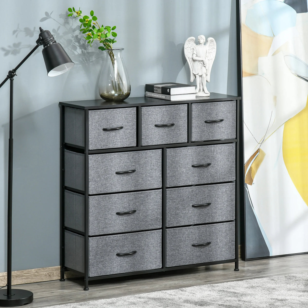 9-Drawer Fabric Chest of Drawers with Steel Frame, Black and Grey