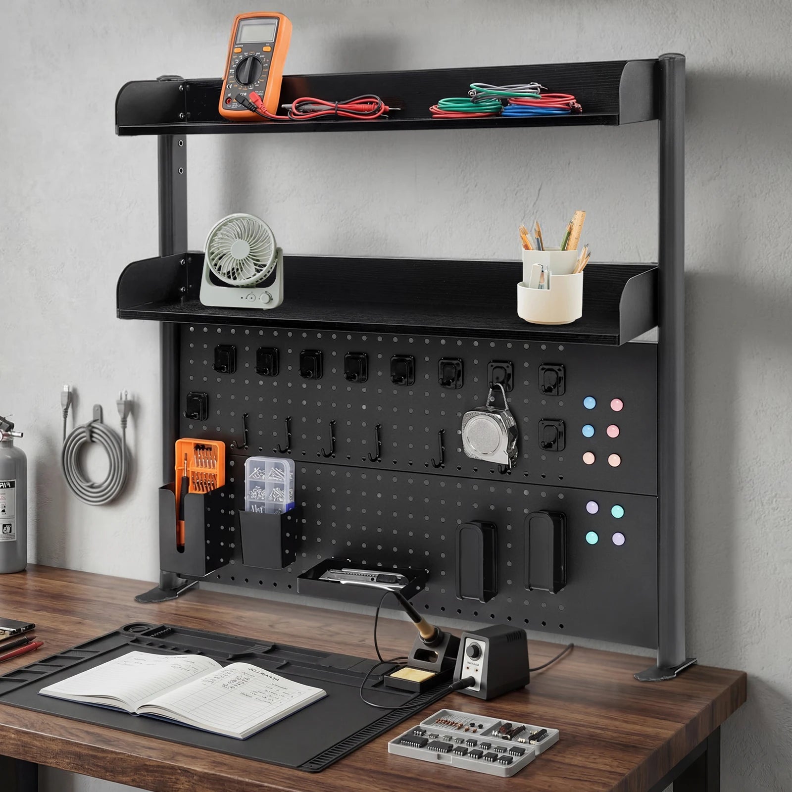 2-Tier Clip-On Desktop Bookshelf Organiser with Pegboard Back | Countertop Shelf for Books and Stationery