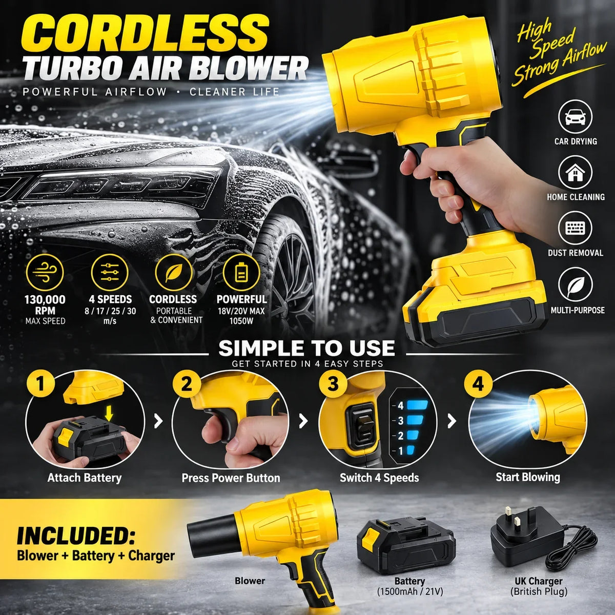 Cordless Air Blower for 18V-21V Batteries, 4 Speeds, 3 Nozzles