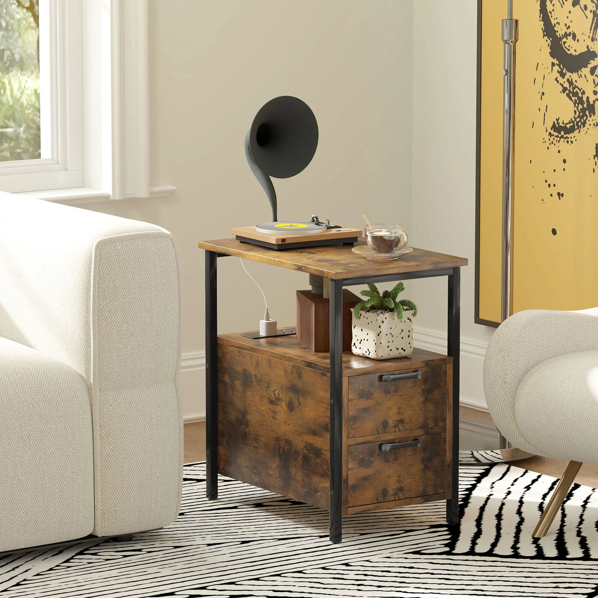 Side Table with Charging Station, 2 Drawers and Shelf, Rustic Brown