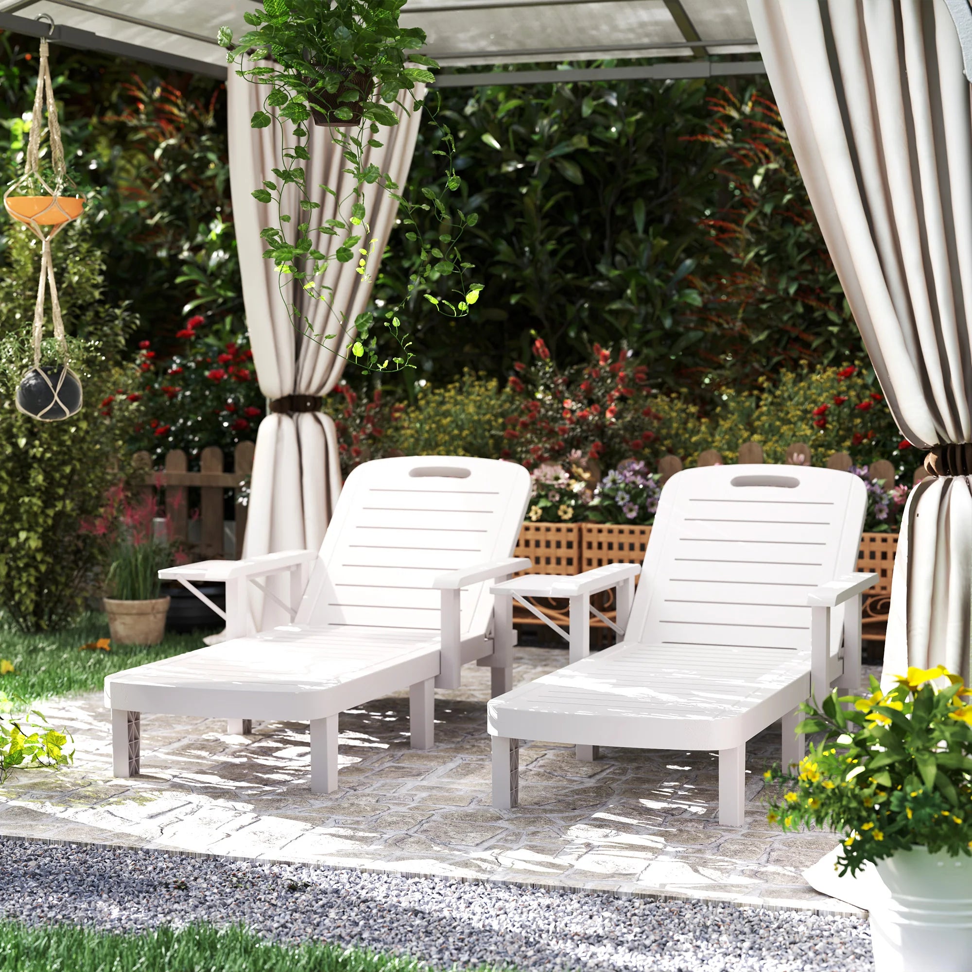 Set of 2 Reclining Garden Sun Loungers with 5 Positions, Armrests and Foldable Side Table