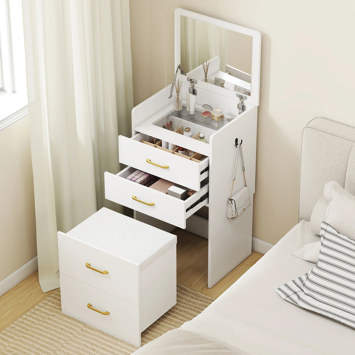 Dressing Table Set with Flip-Up Mirror and Cushioned Stool, White