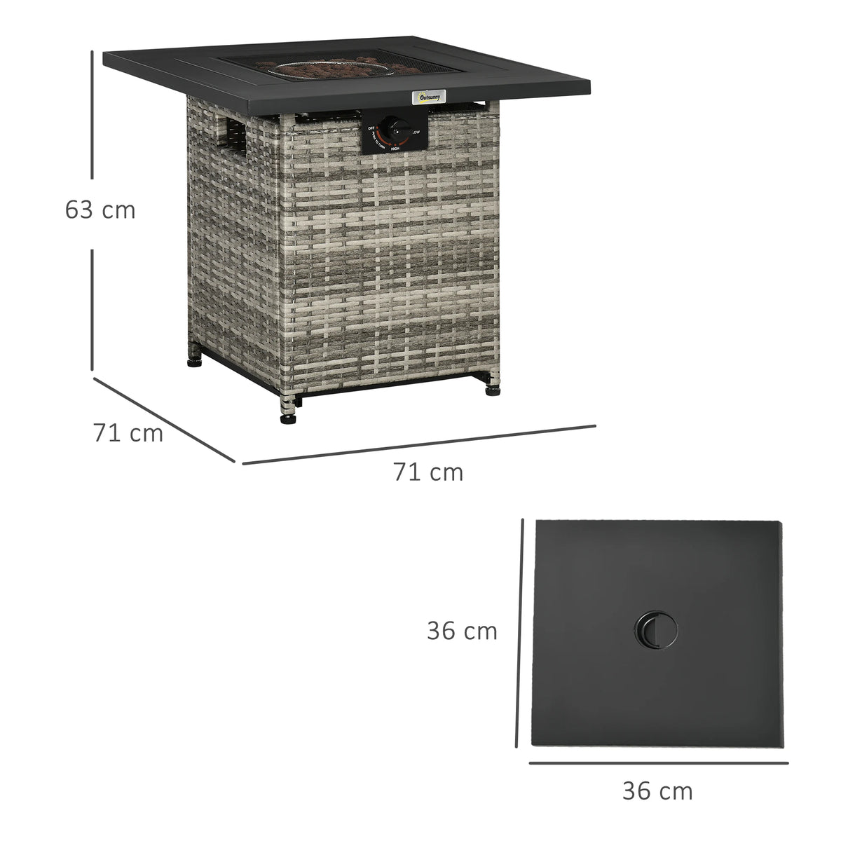 Rattan Gas Fire Pit Table w/ Mesh Lid & Rain Cover, Lava Stone, 40,000 BTU
