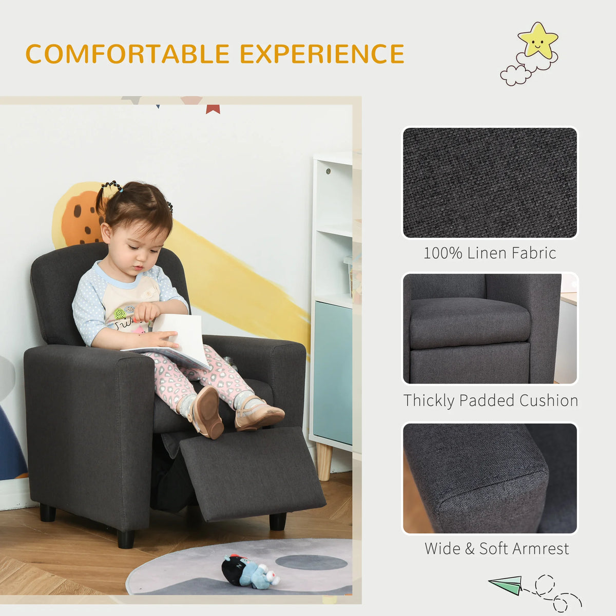 Kids Recliner Armchair with Footrest, Linen Children's Chair for Playroom and Bedroom, Grey