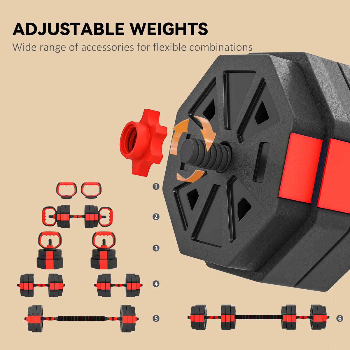 30kg 6-in-1 Adjustable Dumbbell Set with Barbell and Kettlebell Conversion, Red