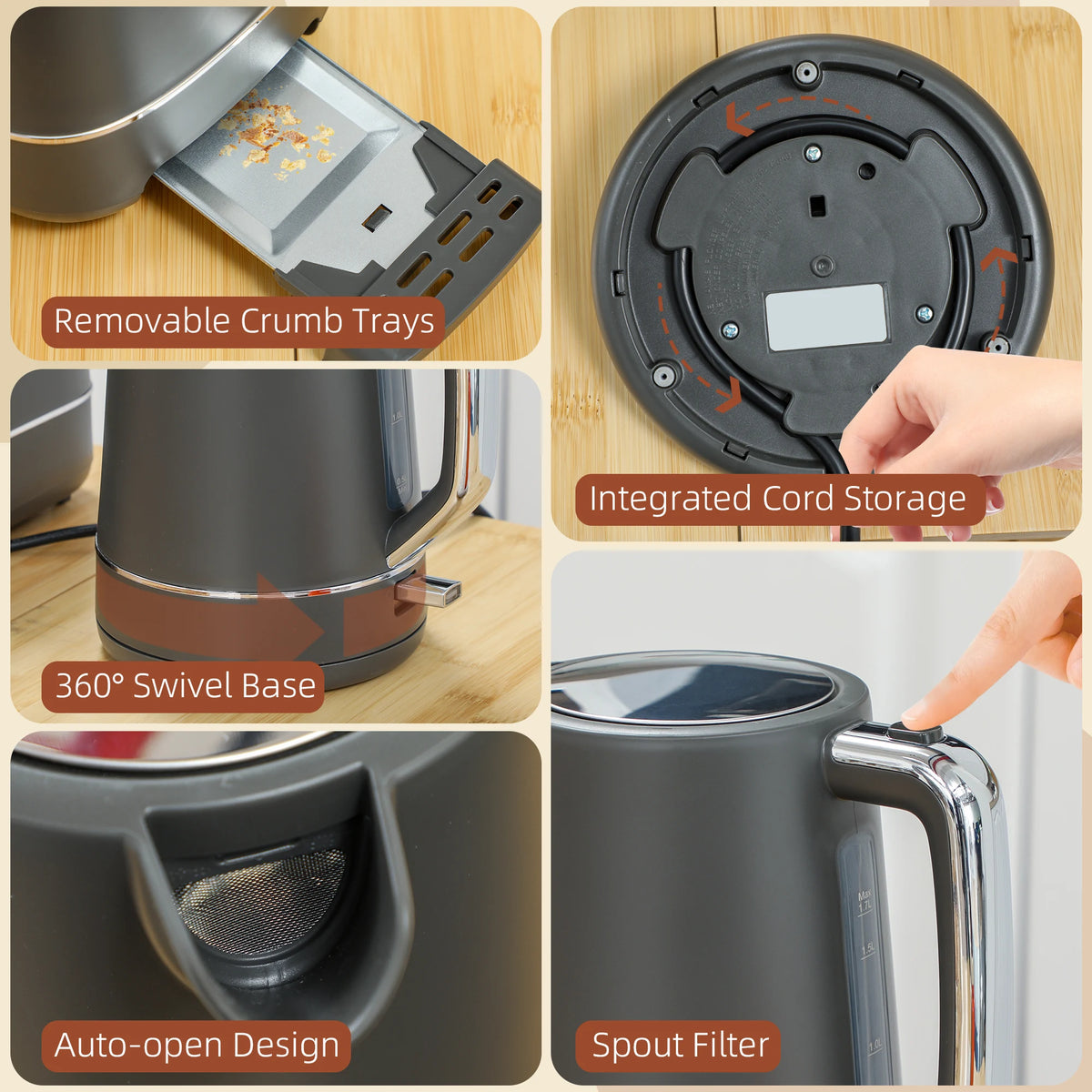 1.7L Fast Boil Kettle and 2 Slice Toaster Set with 6 Level Browning, Grey