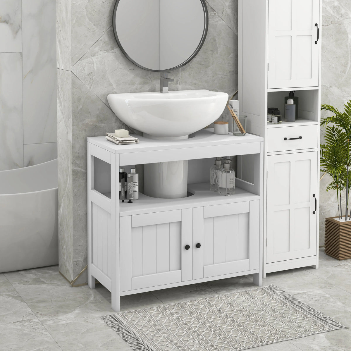 Bathroom Pedestal Under-Sink Cabinet with Storage Shelves and Door, White