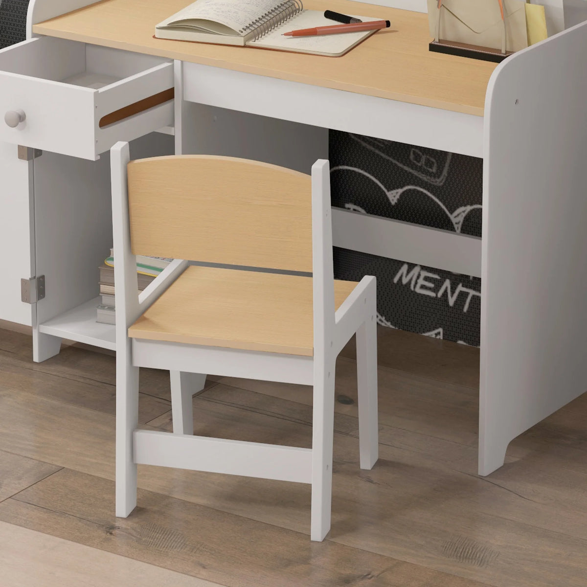Kids Desk and Chair Set 80x39x59cm with Storage Drawer and Compartment MDF Rounded Edges Ages 3-6 White