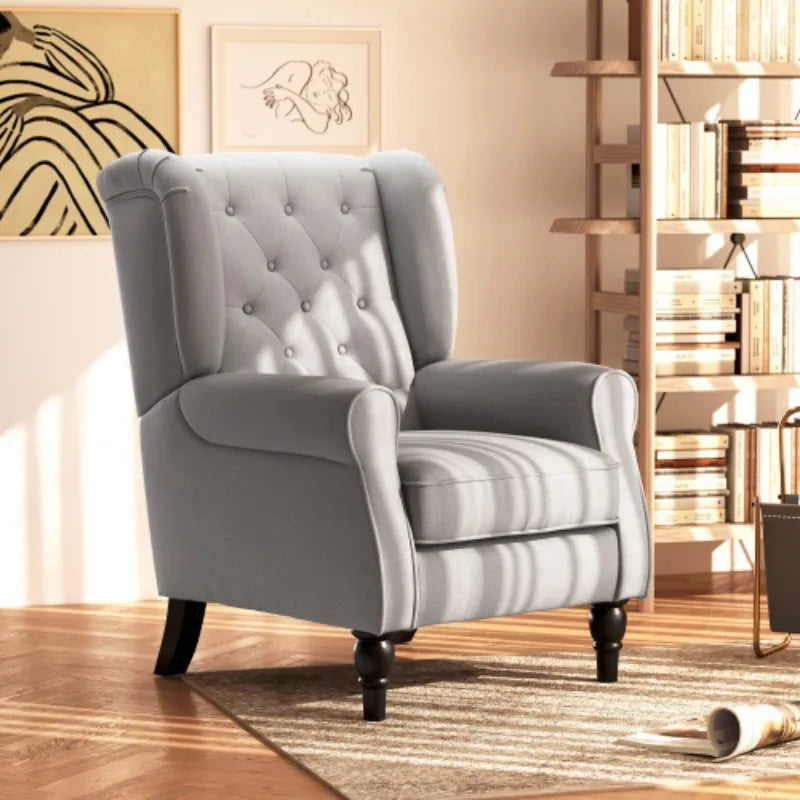 Grey Wingback Accent Chair with Button Tufted Design and Wood Frame | Retro Armchair for Living Room Bedroom
