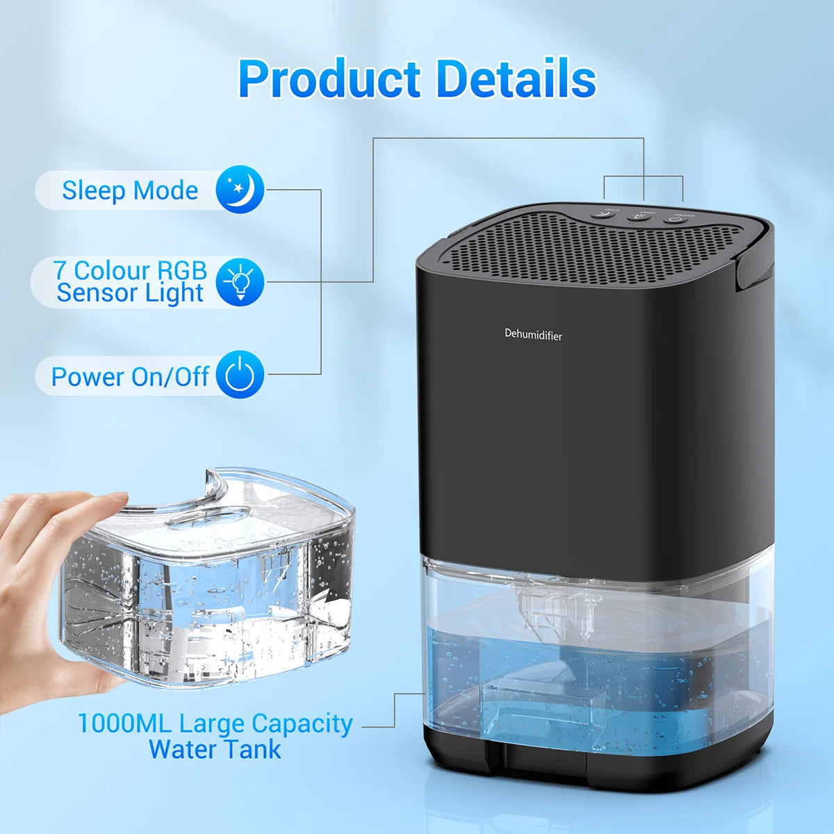 1L Portable Dehumidifier, Quiet Peltier Moisture Absorber with 7-Colour Night Light