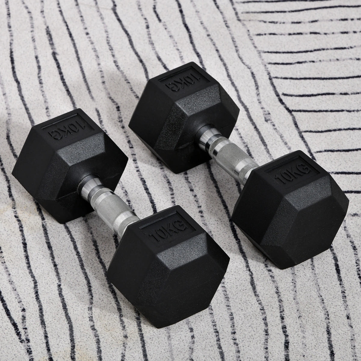 2 x 10kg Rubber Hex Dumbbells, Pair of Hand Weights with Knurled Handle, Black