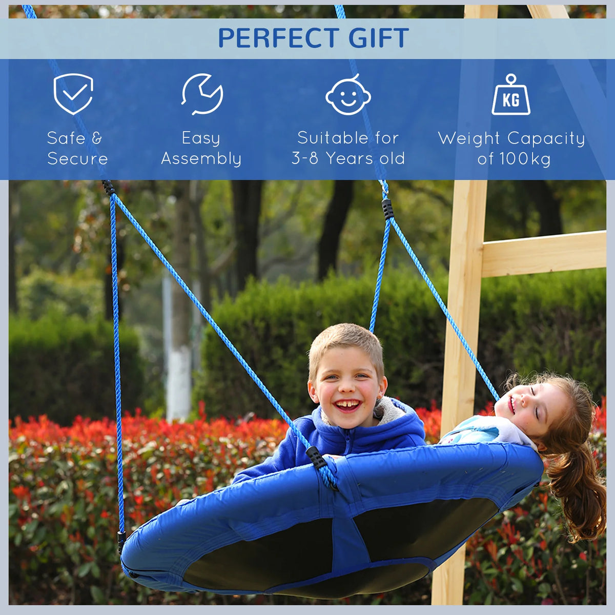 Round Tree Swing 100cm Nest Swing with Steel Frame and Adjustable Ropes 100kg for Ages 3-8