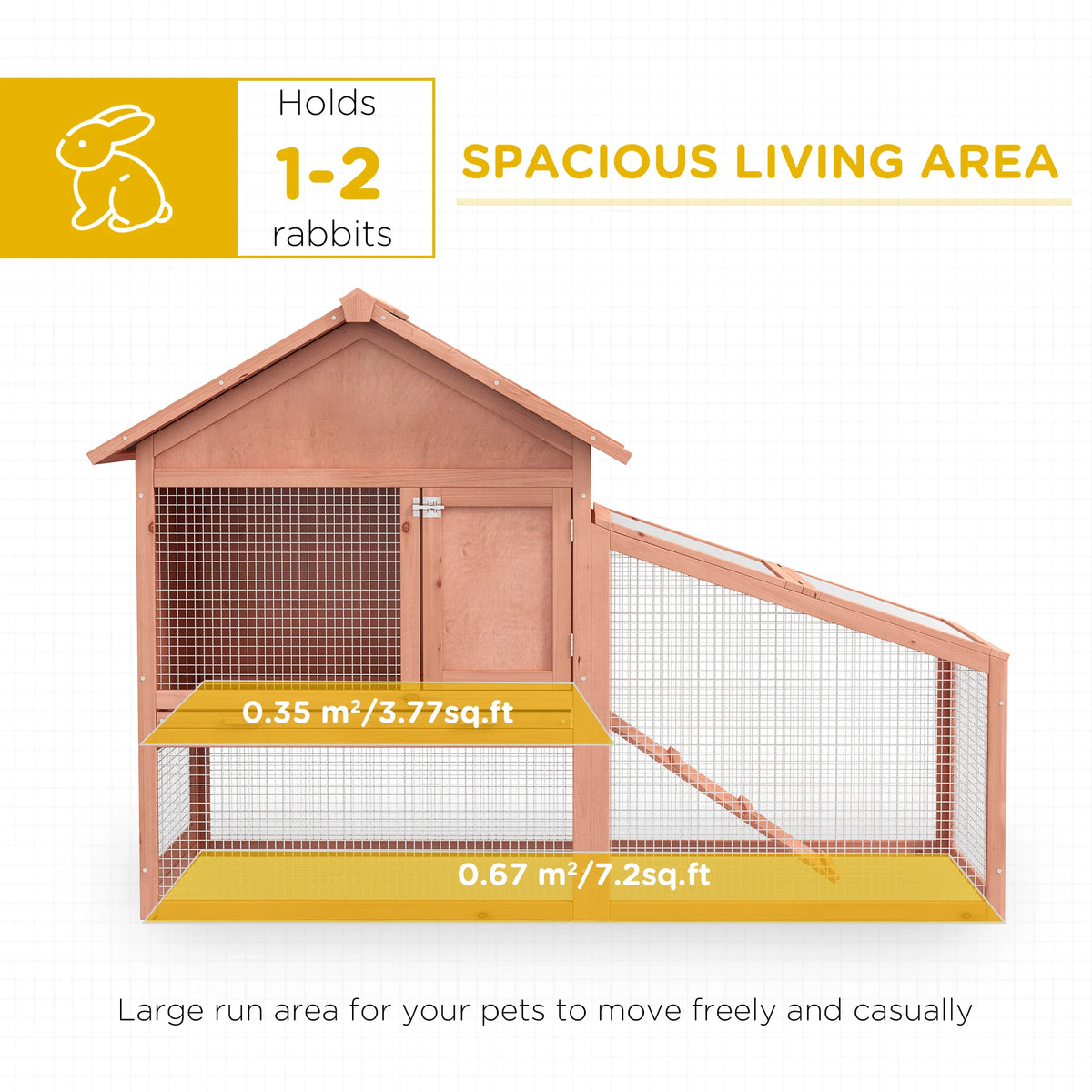 Large Rabbit Hutch with 2 Level House Side Room and Outdoor Run Fir Wood Tilted Asphalt Roof Natural