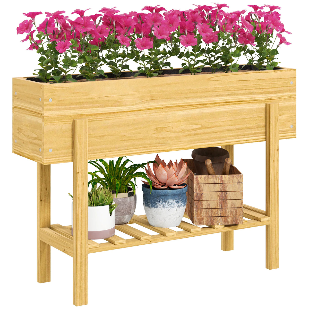 Wooden Raised Garden Bed with Bed Liner, Storage Shelf, Natural Wood Finish