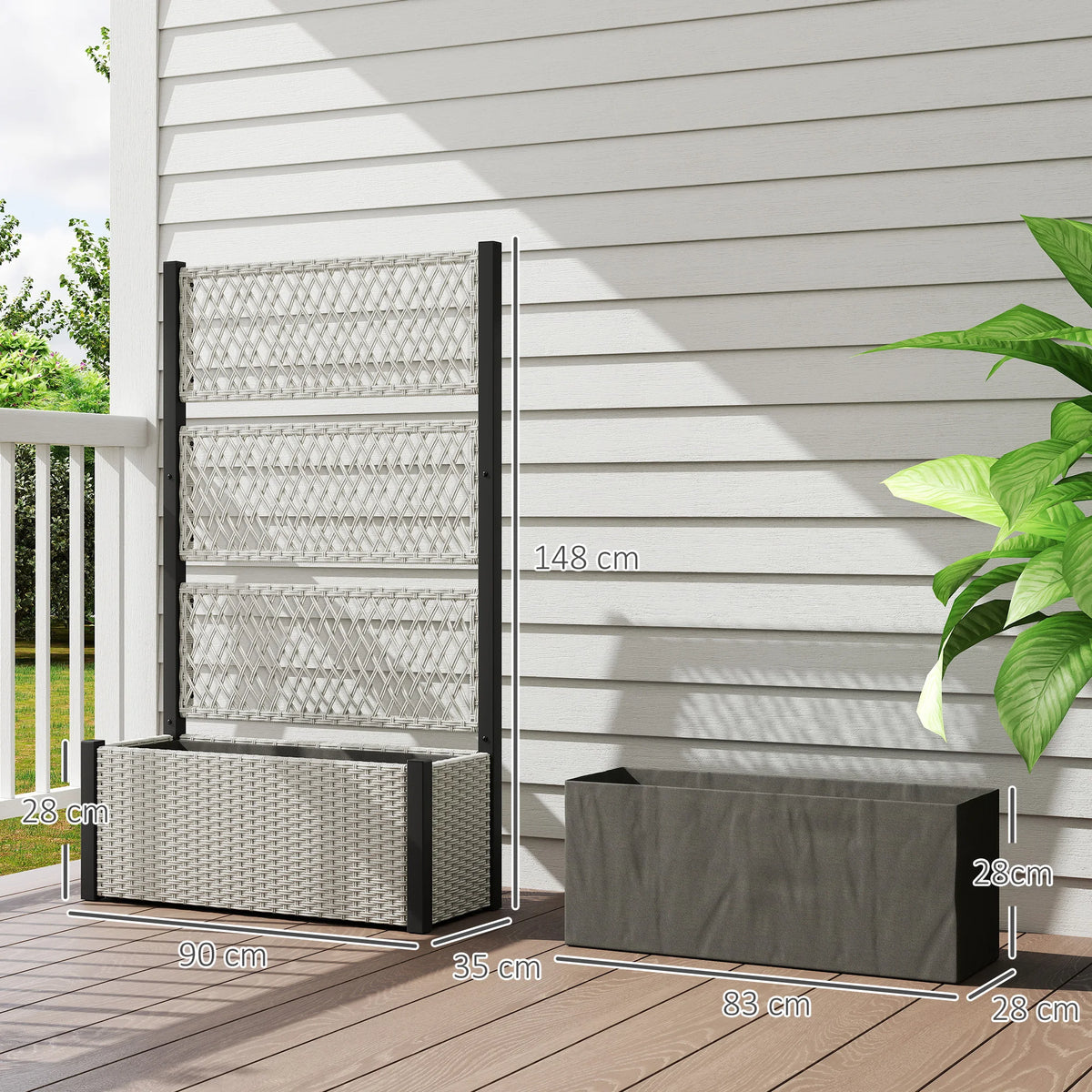 Raised Garden Planter Box with Trellis and Liner, Rattan Effect, 90 x 35 x 148cm