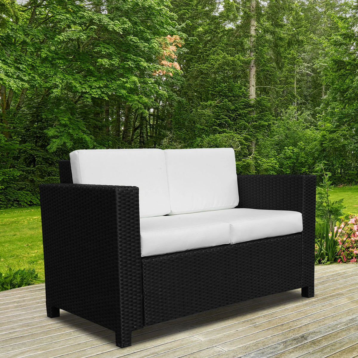2 Seater Rattan Garden Sofa with Padded Cushions, PE Wicker Loveseat with Armrests, 130 x 70 x 80 cm
