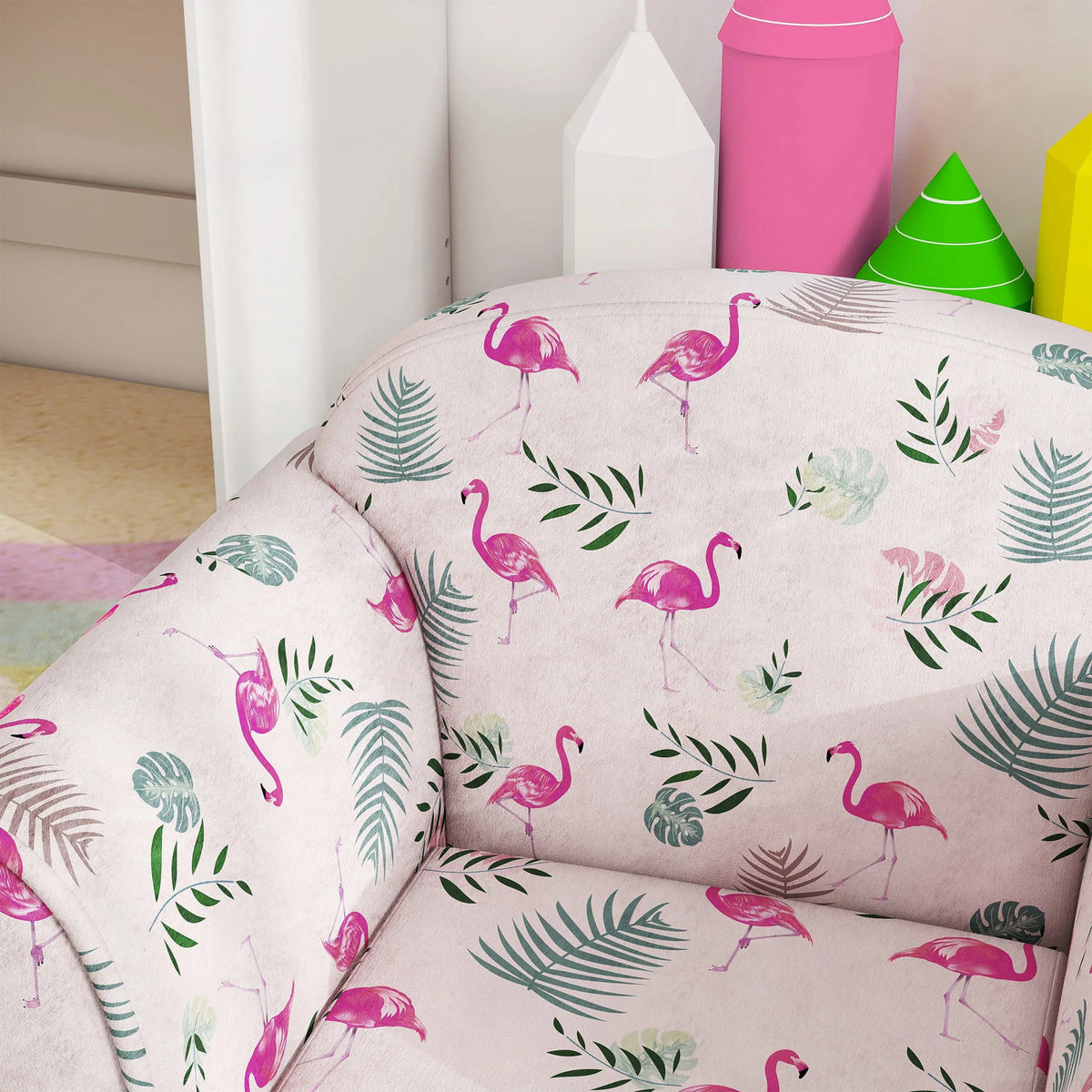 Kids Sofa Chair with Flamingo Design Wooden Frame Upholstered Toddler Armchair for Ages 18-36 Months