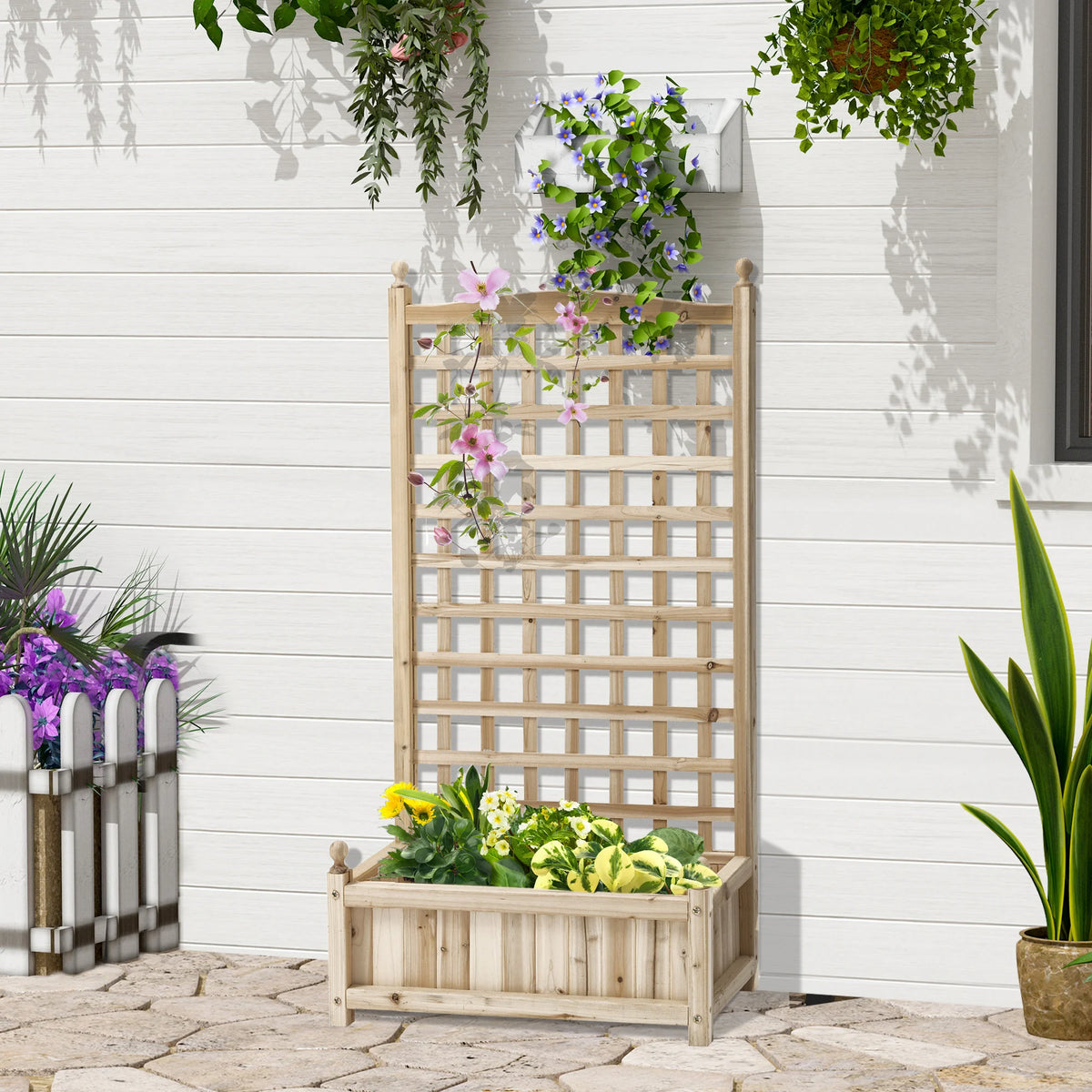Garden Planter with Trellis Fir Wood Planting Box for Climbing Vines 2 Drainage Holes 50kg Natural