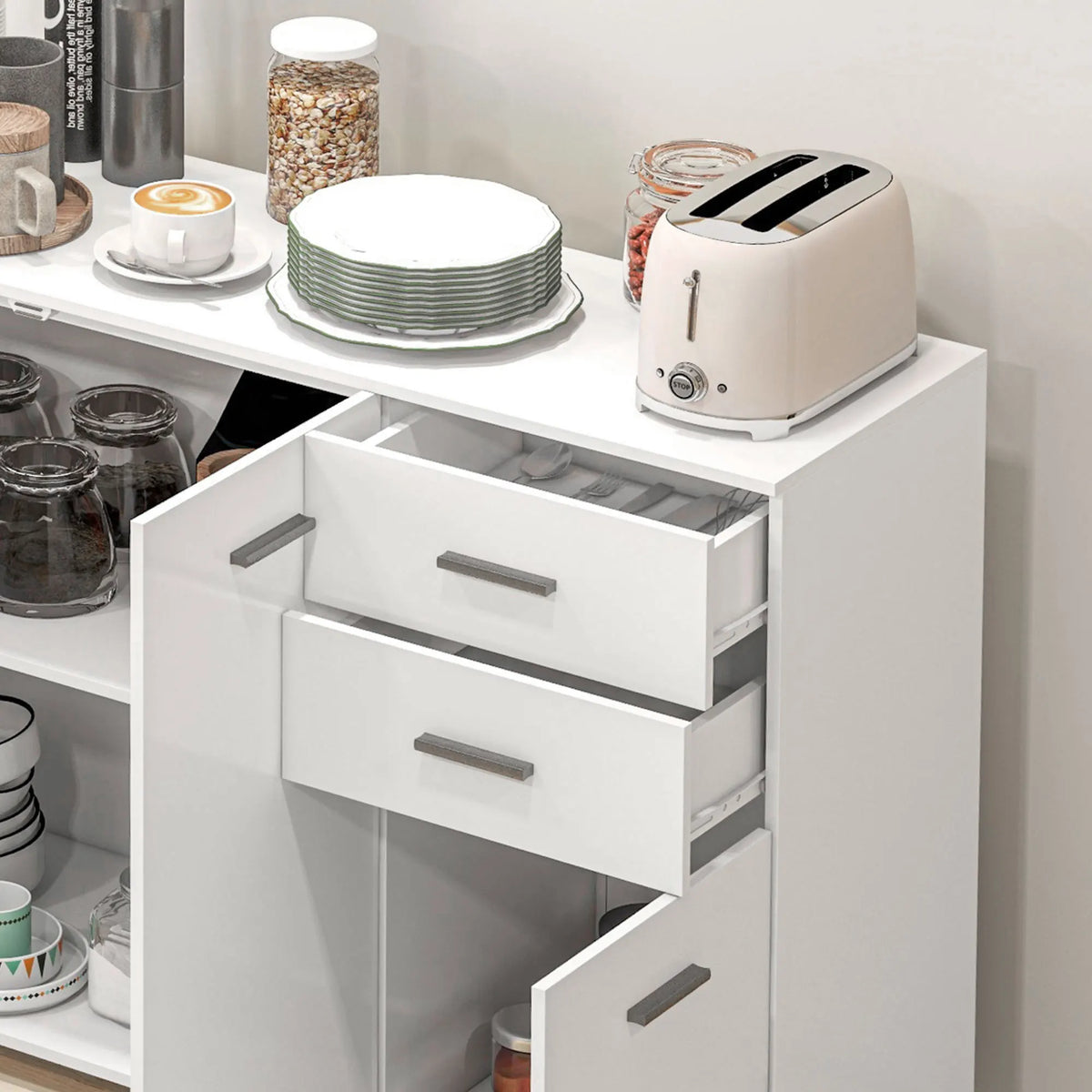 Modern Sideboard Kitchen Storage Cabinet with 2 Drawers, White
