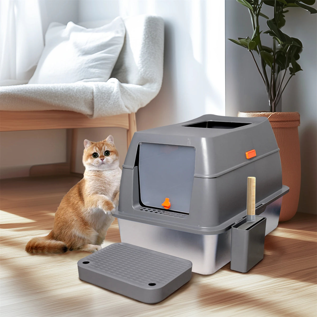 XL Enclosed Cat Litter Box, Stainless Steel Tray with High Wall Sides