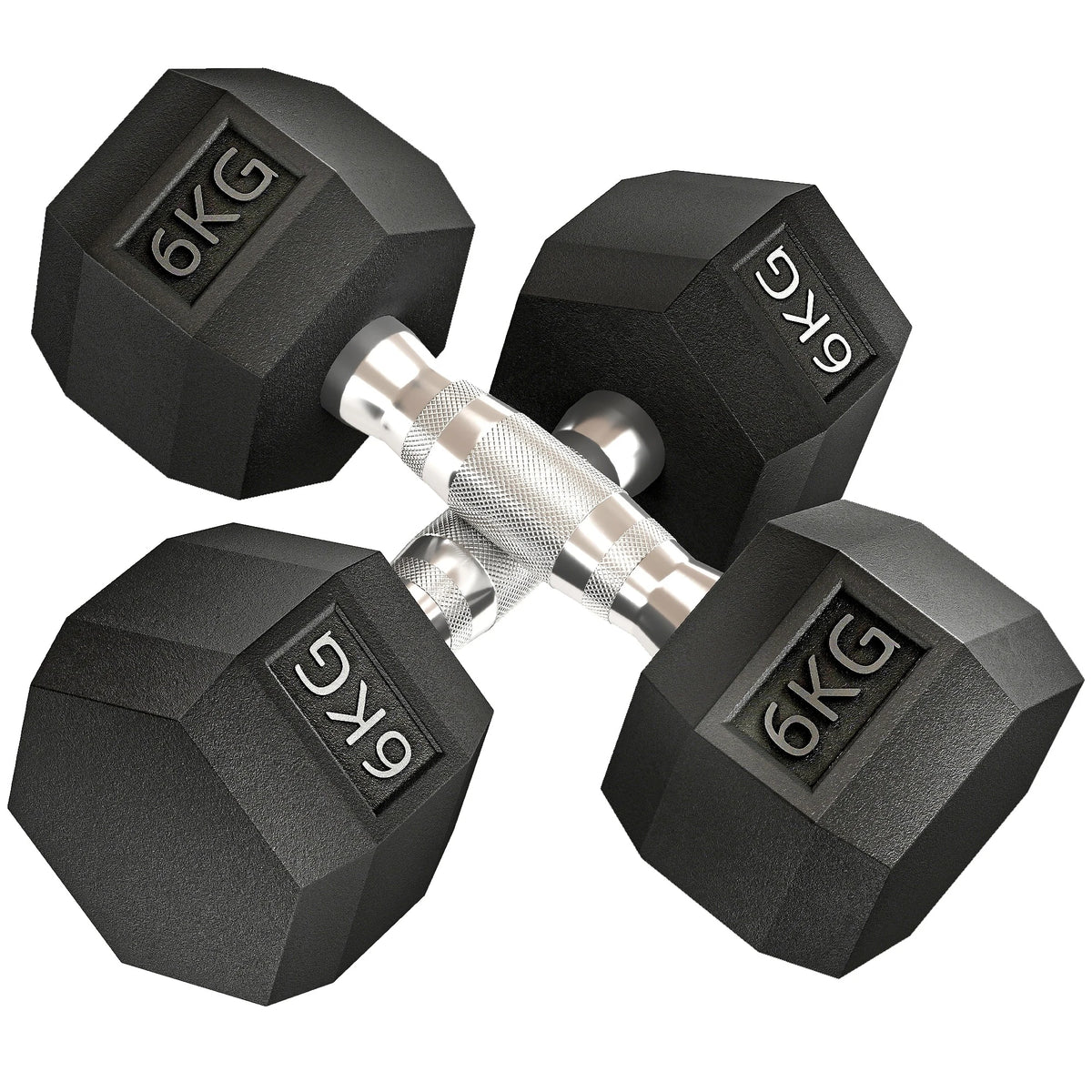 2 x 6kg Rubber Hex Dumbbells, Pair of Hand Weights with Knurled Handle, Black