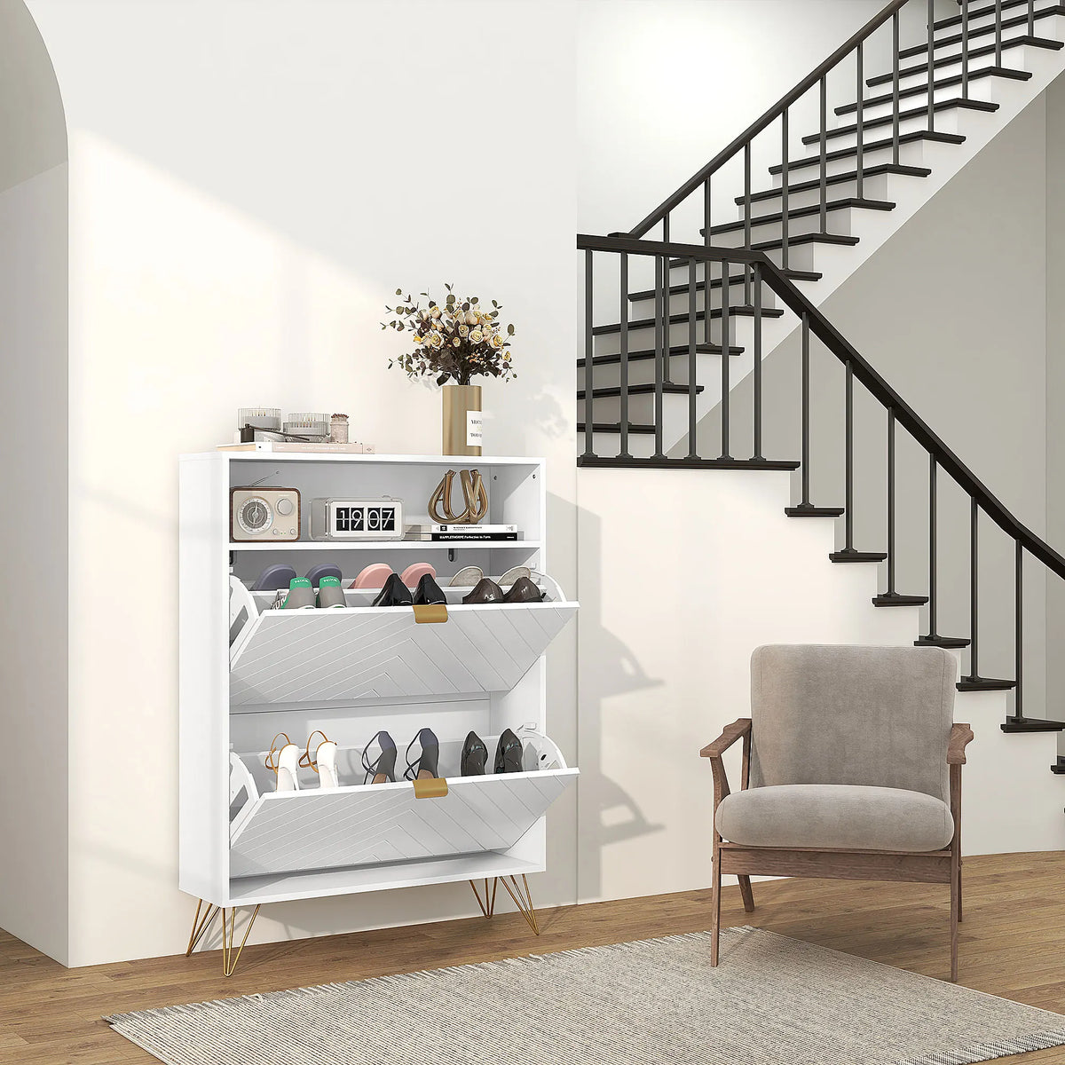 Narrow Shoe Cabinet with 2 Flip Drawers and Open Shelf, Holds 12 Pairs, 80 x 24 x 110 cm