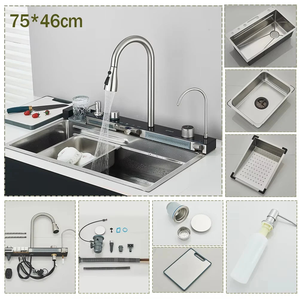 304 Stainless Steel Waterfall Kitchen Sink with Digital Display & Touch Faucet – Double Bowl