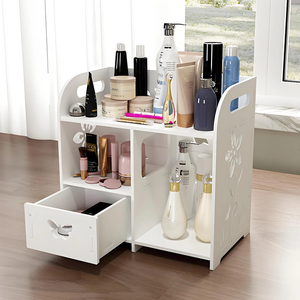 Makeup Organiser Rack 27x16x30cm White Desktop Cosmetic Storage Shelf with Drawer Multi Layer Zoned Design