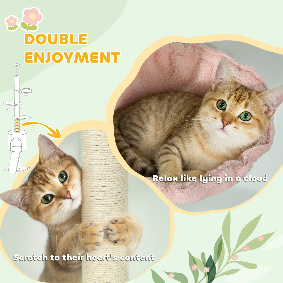PawHut Floor to Ceiling Cat Tree Adjustable 220-240cm Tower with Cat House Hammock Sisal Posts