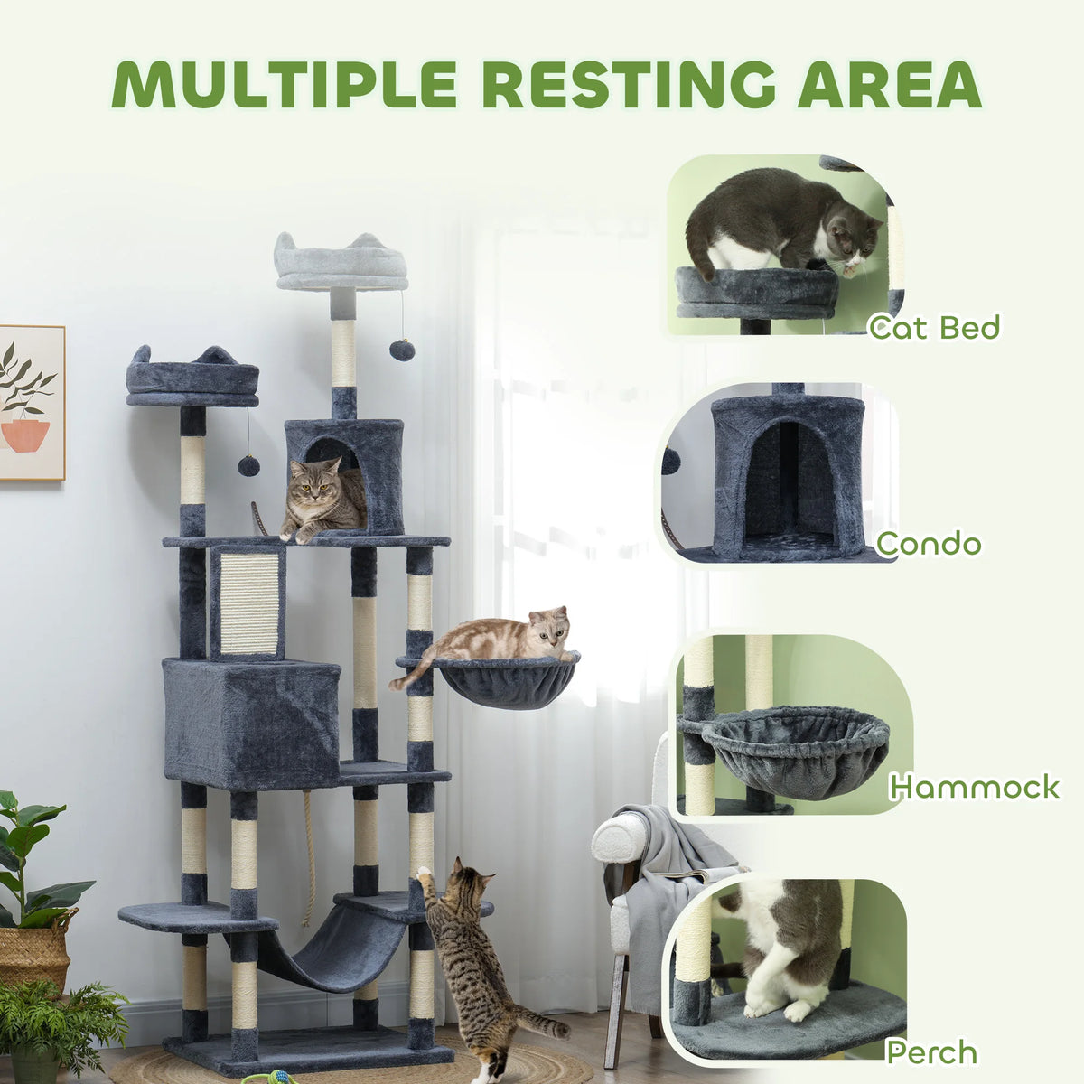 PawHut 206cm Large Cat Tree Scratching Posts Beds Condos Toys Dark Grey