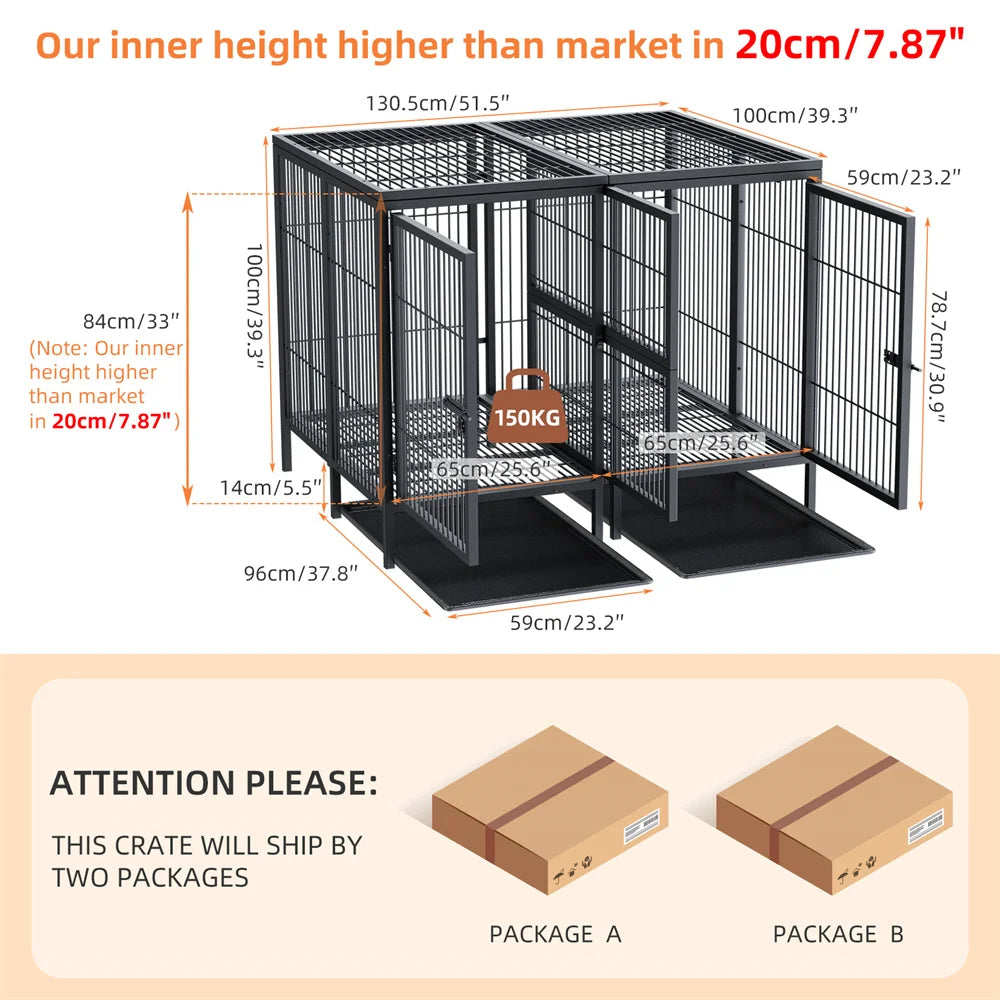 BORWART Heavy Duty Large Dog Crate 130.5x100x100cm Removable Divider Metal Cage for 2 Dogs 150kg