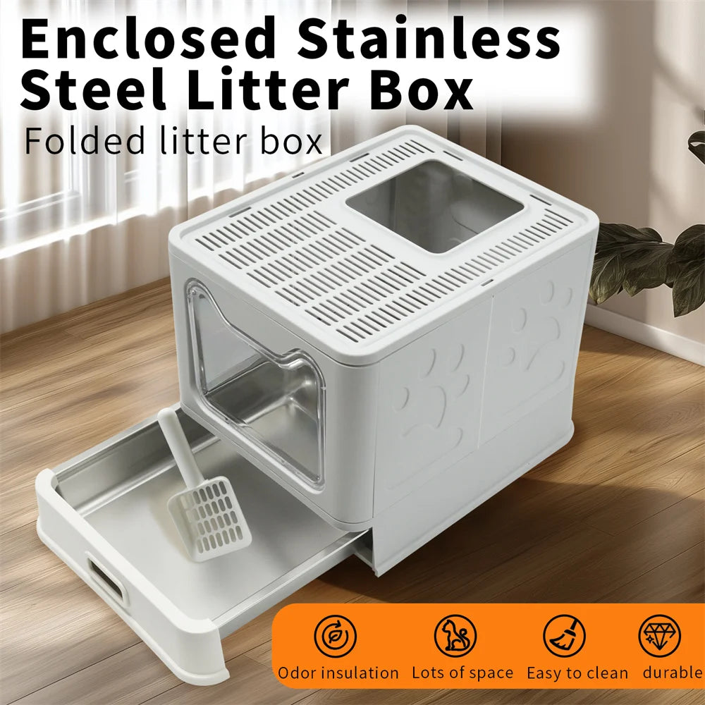 Enclosed Cat Litter Box for Kittens, Top Entry Tray with Steel Drawer