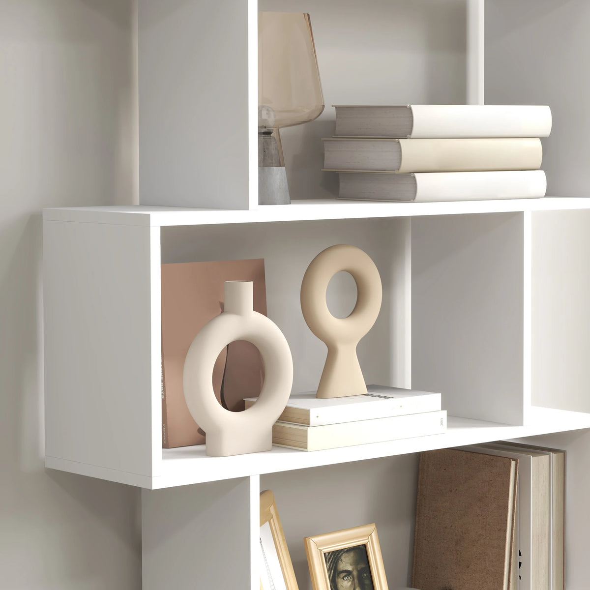 6-Tier S-Shaped Bookcase Storage Shelf, Modern Display Unit, White